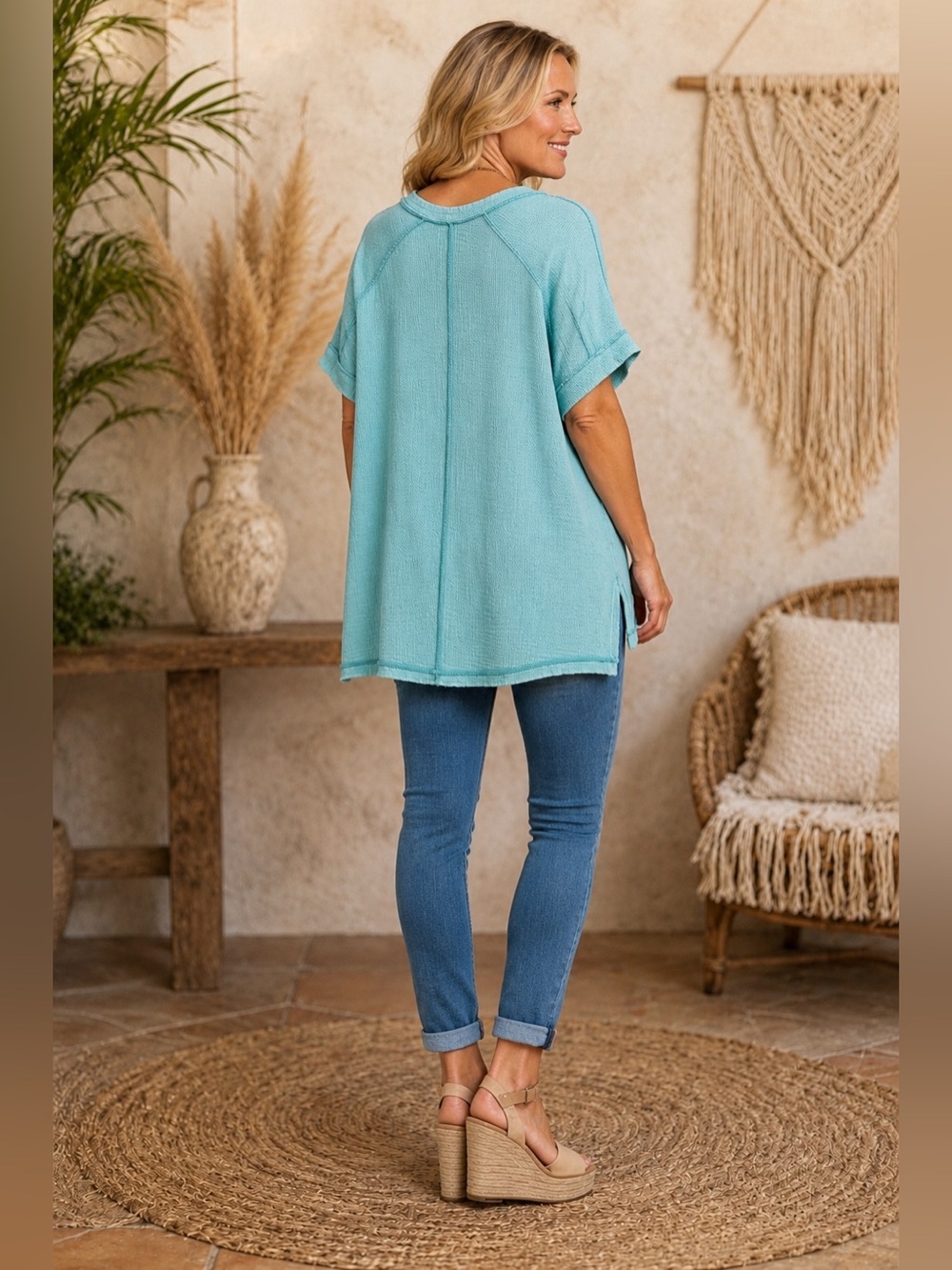 Zenana Dusty Teal Acid Wash Loose Fit Double Gauze Cuffed Top - Picture 2 of 5